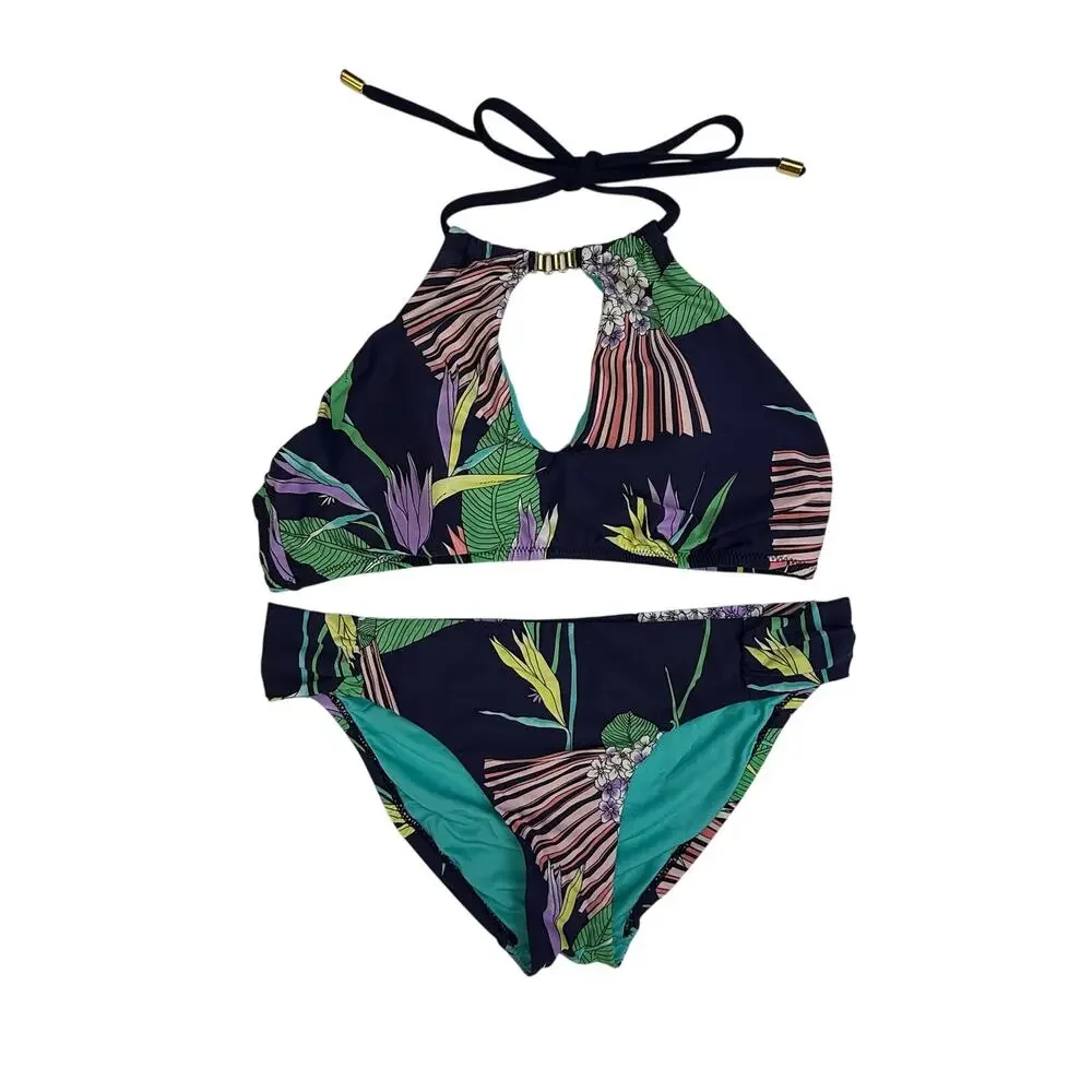 Trina Turk Tropical Floral Halter Bikini Set Navy Botanical Gold Hardware US 8 - Picture 1 of 14